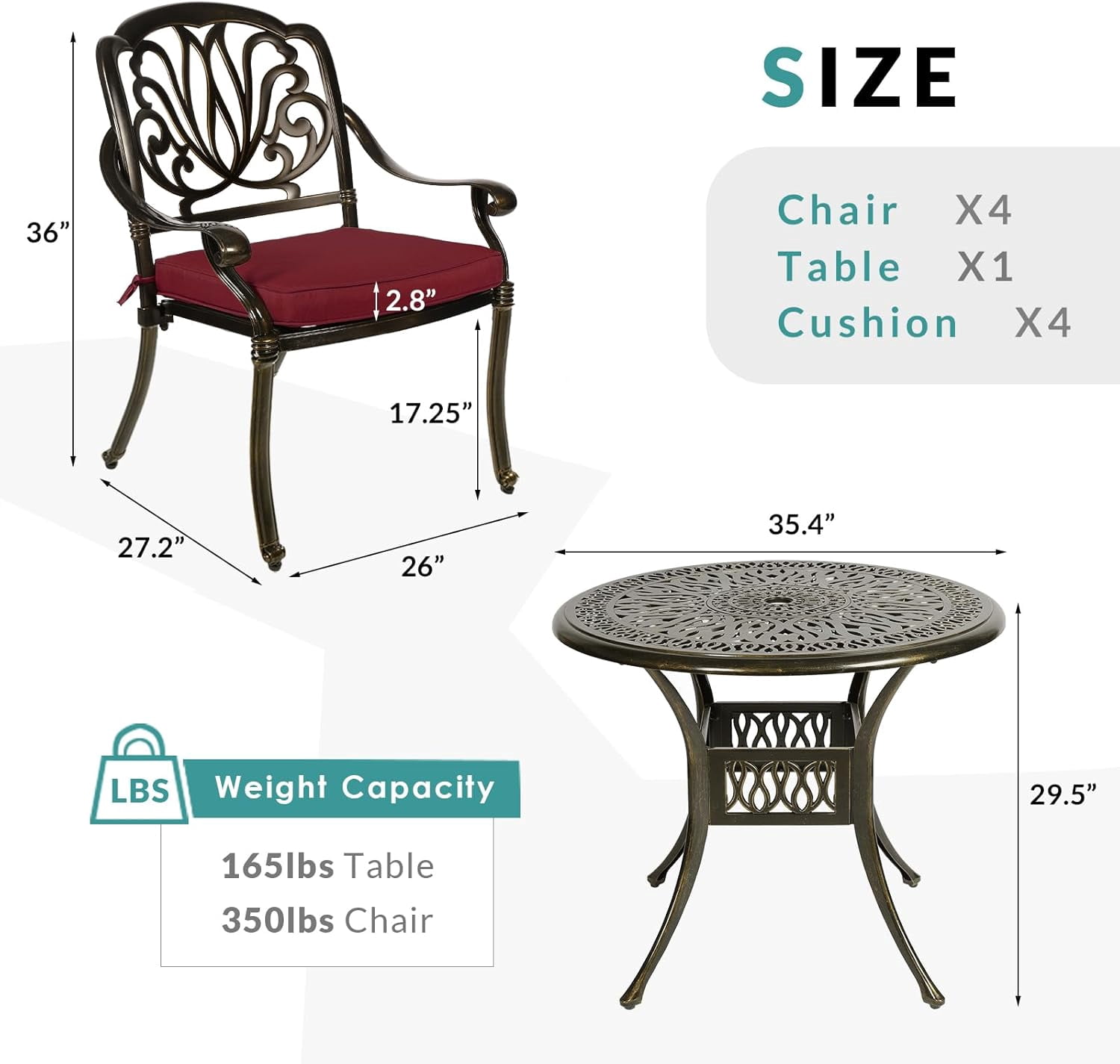 MEETWARM 5 Piece Outdoor Furniture Patio Dining Set, All-Weather Cast Aluminum Patio Table and Chairs Set- 4 Cushioned Chairs, 1 Round Dining Table with Umbrella Hole for Backyard, Chili Red