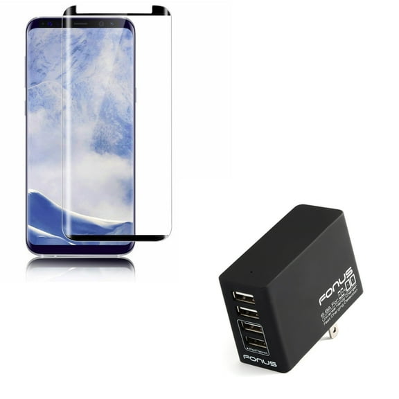 Compatible With Samsung Galaxy S9 - Anti-Glare Tempered Glass Screen Protector w 34W 6.8 Amp 4-Port Rapid Home Wall Travel AC USB Charger