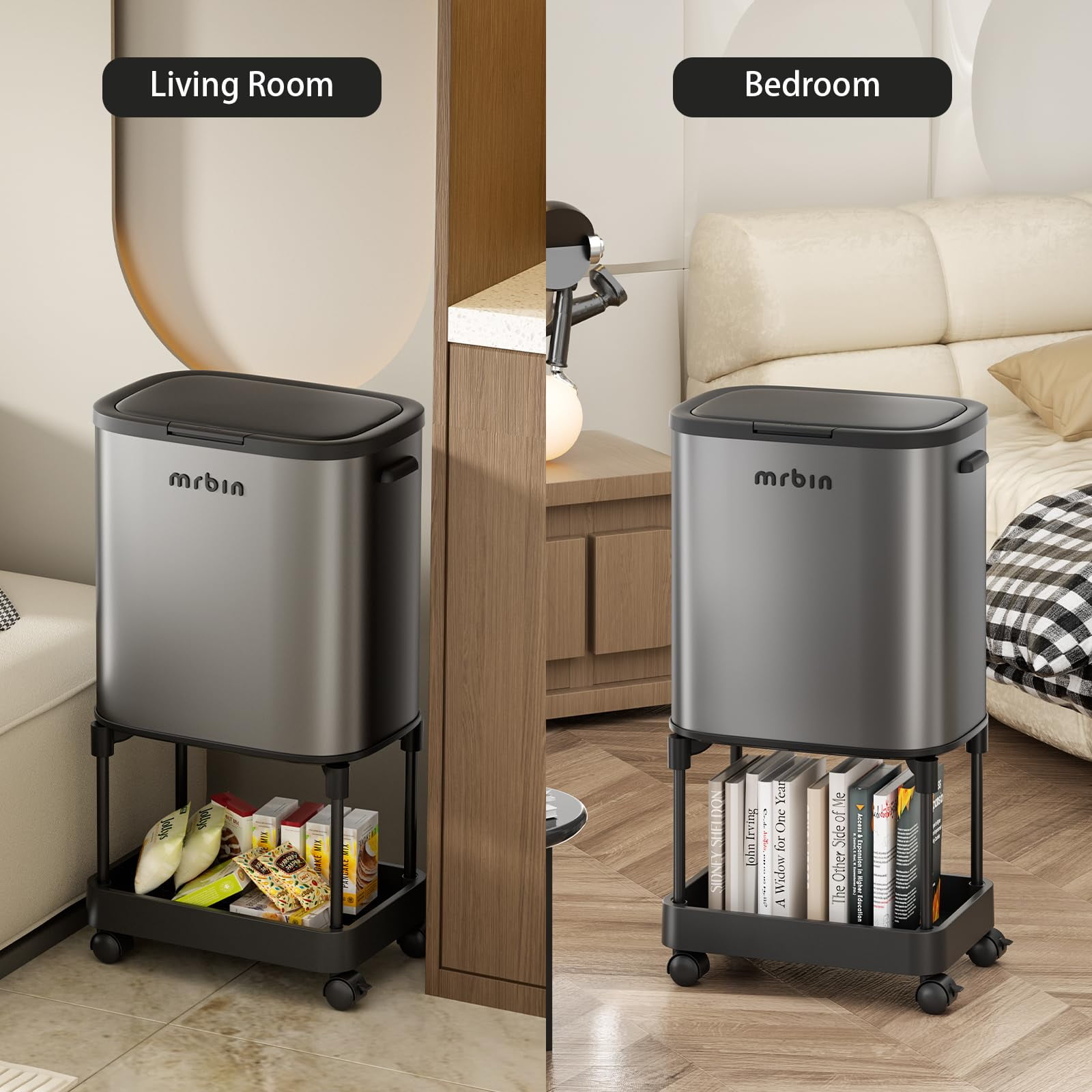 MRBIN Stainless Steel Tall Kitchen Trash Can with Shelf and Wheels, High Legs 36L / 9.5gal Press Top Narrow Waste Basket, Slim Lidded Litter Garbage Bin Pet Proof for Vanity, Bedroom, Eclipse Grey