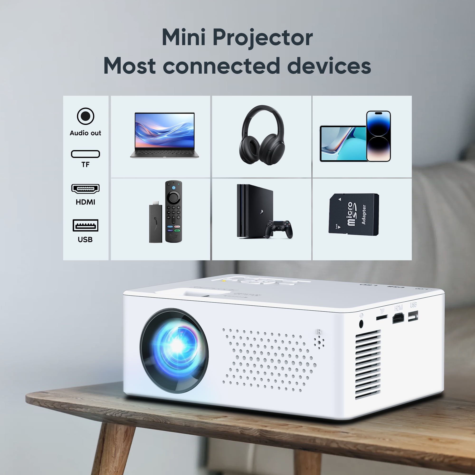 Faltopu Mini Bluetooth Projector with Tripod, 9500LM Full HD 1080P Portable Home Theater Projector ,Support 250"Display