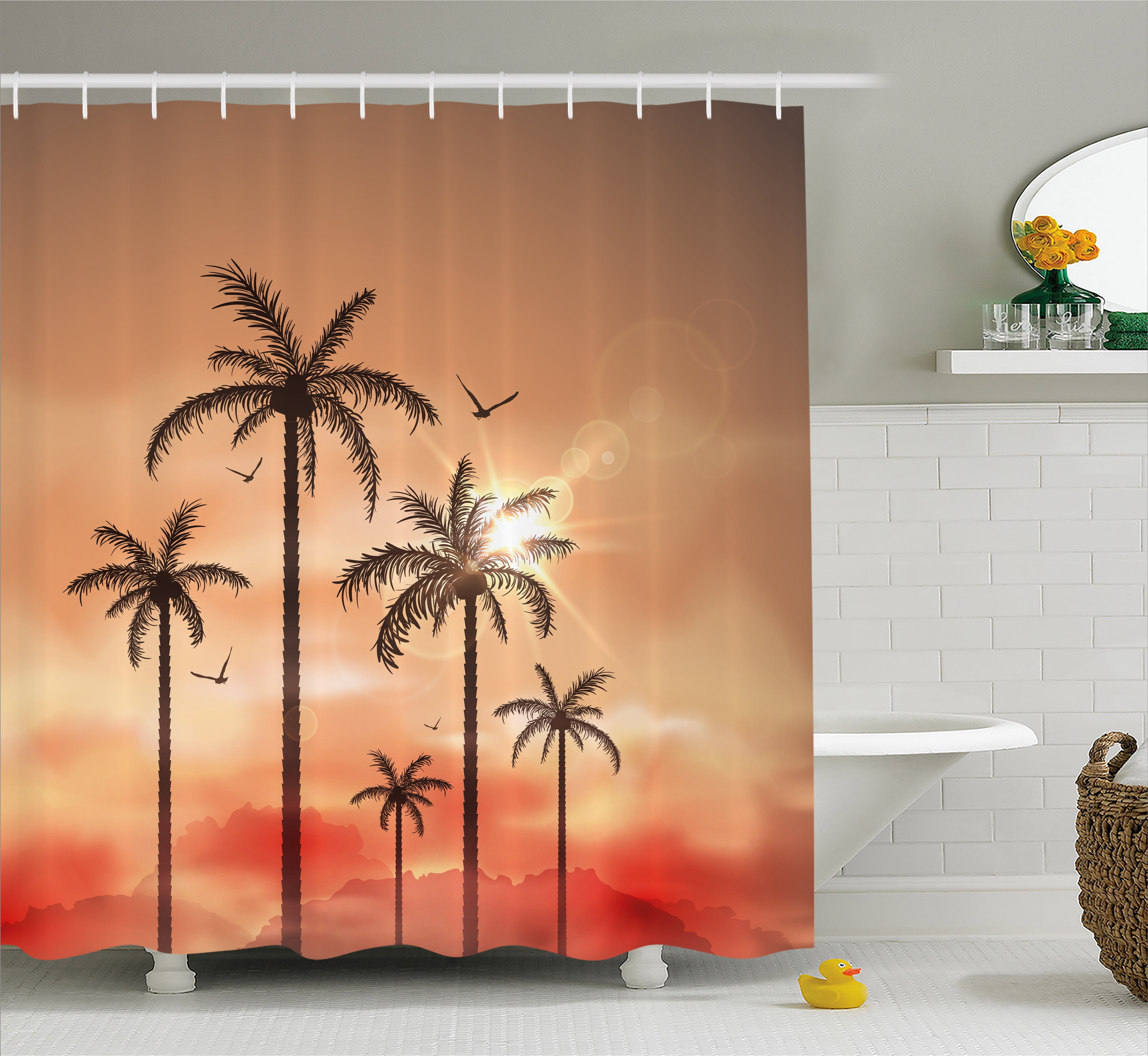 Tropical Shower Curtain, Palm Trees with Dramatic Hazy Sky Clouds and