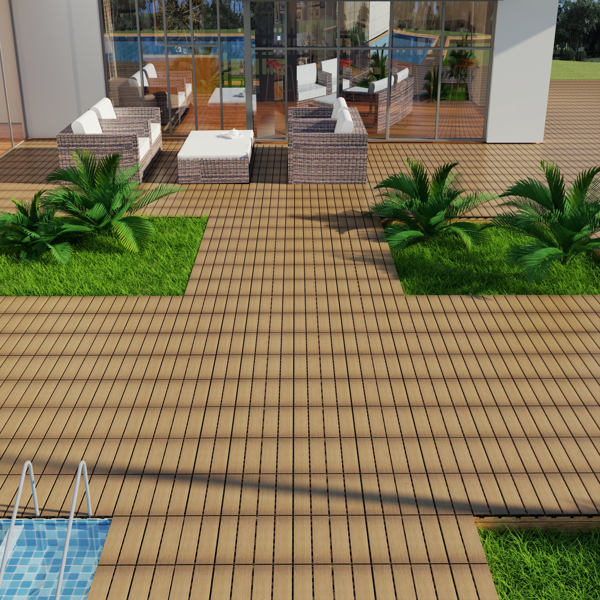 Miniyam 22 Pcs Interlocking Deck Tiles, 12" x 12", Wood-Plastic, for Outdoor Balcony Garden, Oak