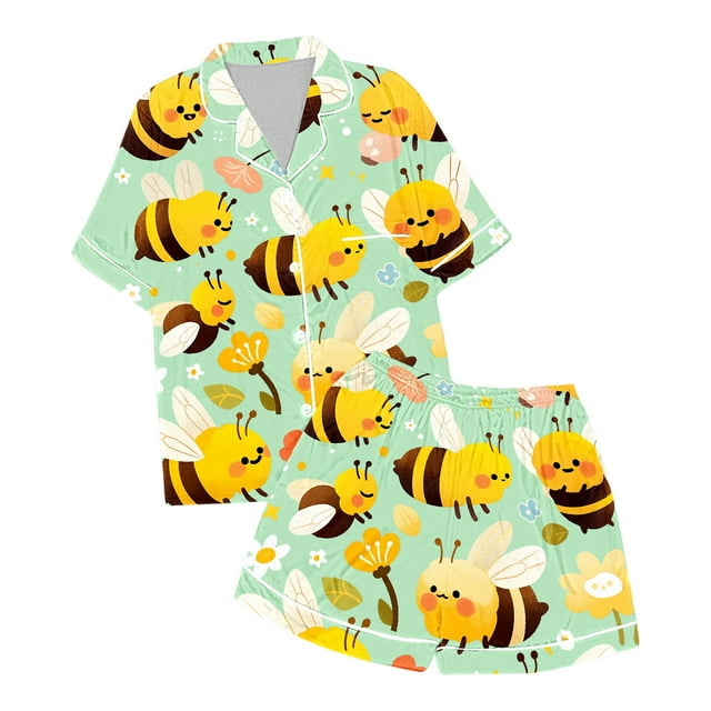 Toimothcn Ensemble de Vêtements pour Bébé Fille Manches Courtes Imprimé Abeille Pyjama Extensible 2 Pcs Ensemble de Vêtements de Maison Doux 12-13 Ans