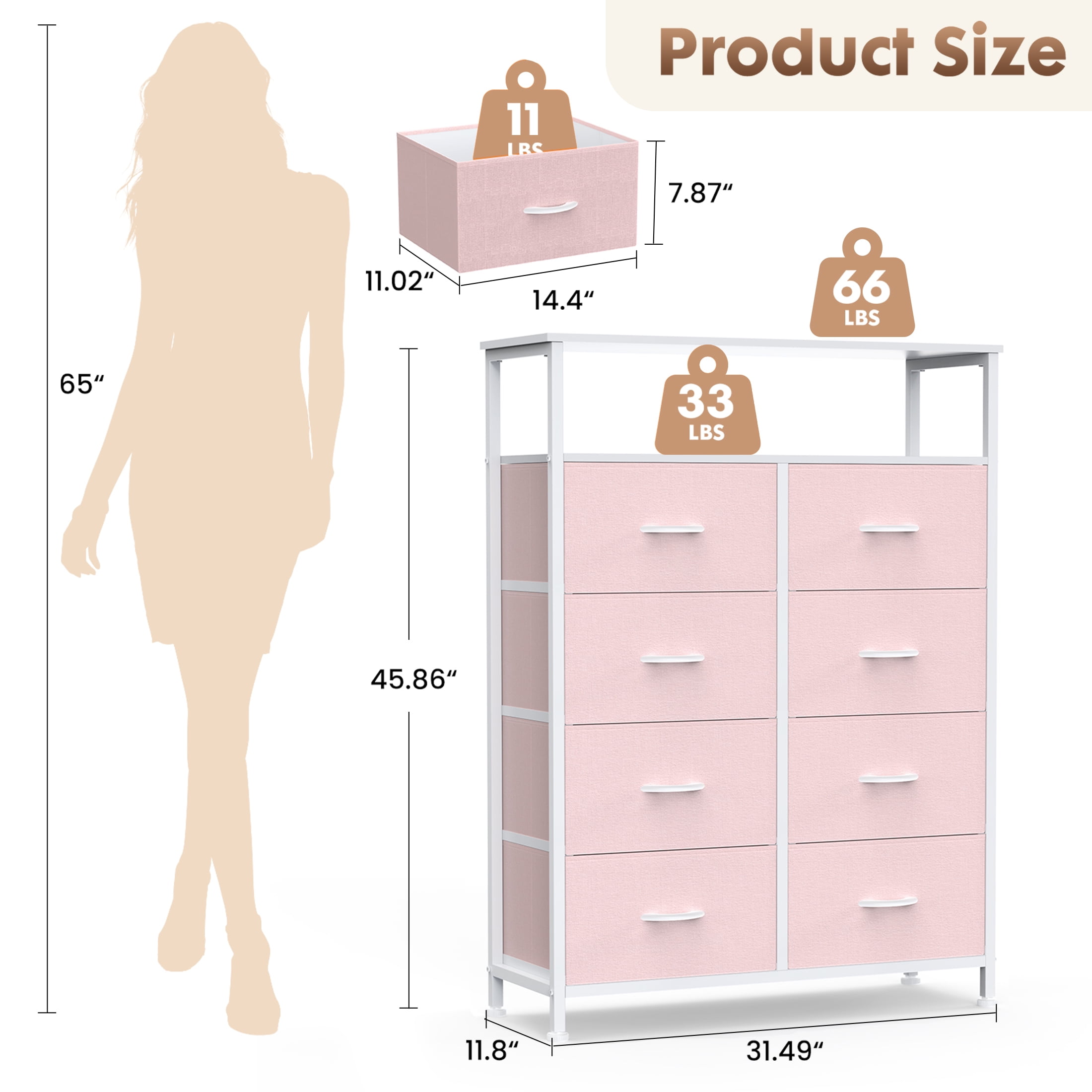 edx 8 Drawers Fabric Dresser, Clothes Storing, Storage Tower Organizer TV Stand, for Bedrooms, Wardrobes, Entryways, and Living Rooms, Pink