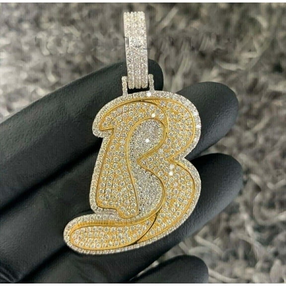 3Ct Lab Created Diamond Custom "B" Number Men's Pendant 14K Yellow Gold Plated