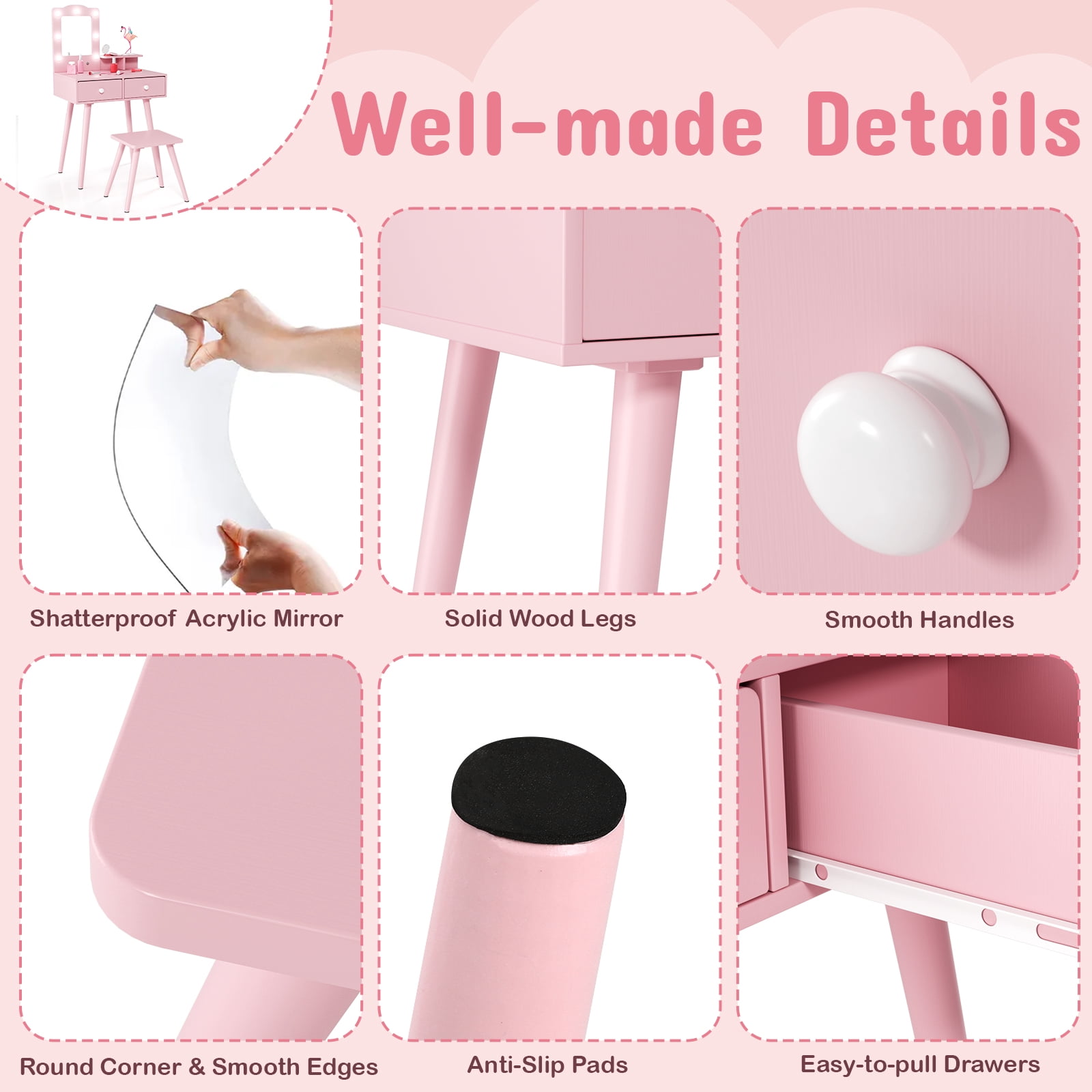 Arlopu Kids Wooden Vanity Table and Stool Set, Toddlers Makeup Dressing Table with Mirror, Drawer & LED Lights