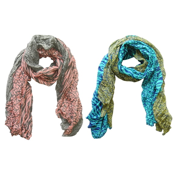Peach Couture All Seasons Retro Zebra and Leopard Print Crinkle Scarf - Grey/Pink, Teal/Yellow