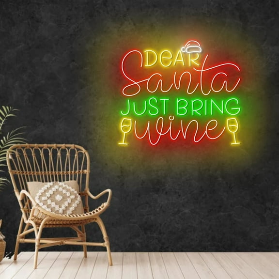 Craftnamesign Dear Santa Just Bring Wine Neon Light, Christmas LED Sign, Wine Wall Art