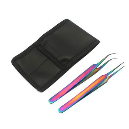 OdontoMed2011® Set Of 2 Stainless Steel Multi Titanium Rainbow Color 3d Eyelash Extension Tweezers A Type Straight + Strong Curved Fine Point Jewelry-making, Laboratory