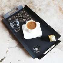 Metal Serving Tray with Handles, Decorative Serving Tray with Geometric Patterns, Black Platter, 14 "W x 6 "H x 2 "D, Mid Centruy Modern Decoration for Livingroom (Black)