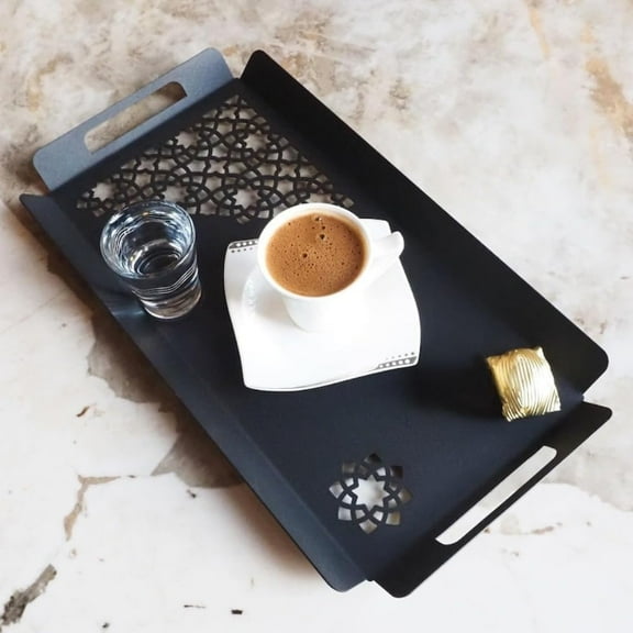 Metal Serving Tray with Handles, Decorative Serving Tray with Geometric Patterns, Black Platter, 14 "W x 6 "H x 2 "D, Mid Centruy Modern Decoration for Livingroom (Olive Gold)