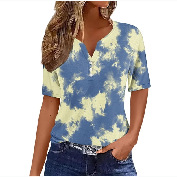 Tops de Algodón para las Mujeres, Retro No Posicionamiento Impreso, V-Cuello Botón Suelto para las Mujeres
