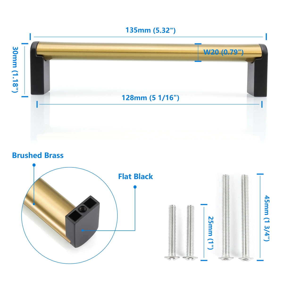 Fulgente 10 Pack Brushed Brass 5''  Cabinet Handles for Kitchen 5inch (128mm) Hole Center Dresser Drawer Pulls Gold and Black Hardware for Bathroom Cabinets Flat Brass