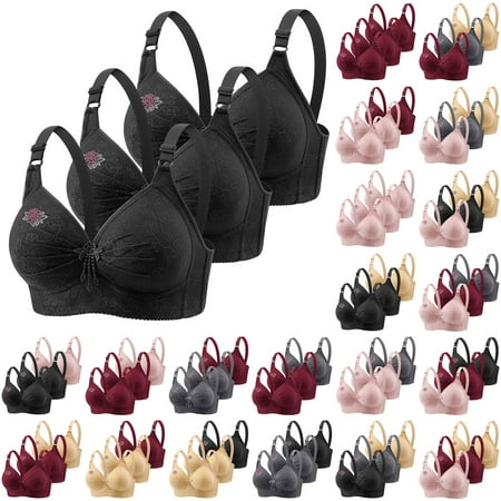 Jinhomg Sports Bras for Women Womens Embroidered Rhinestones Comfort Breathable Bra Underwear Wireless Three Piece Set Everyday Underwear Lightning Deals Beige XXXXL