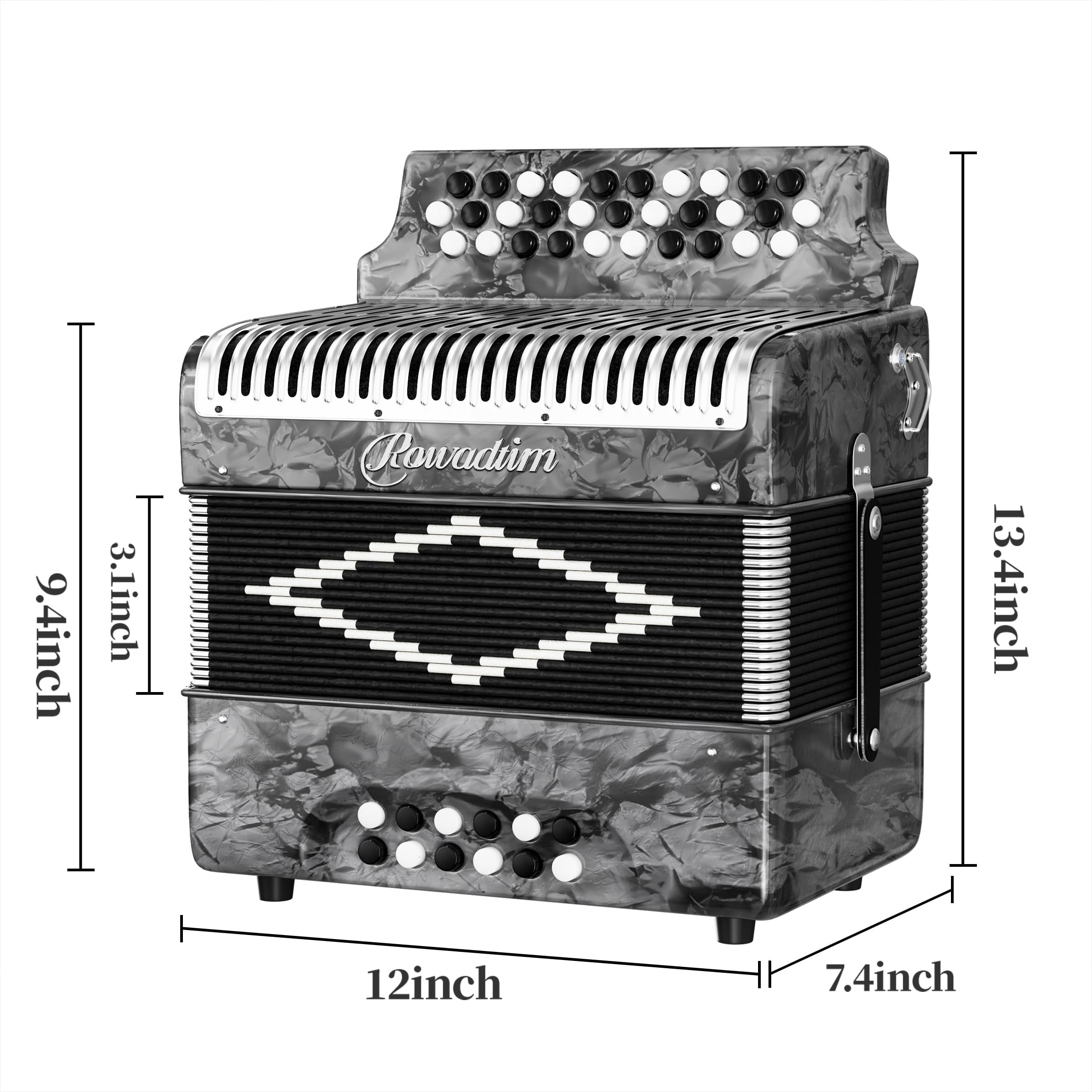 Rowadtim 31 Key Diatonic Accordions, 12 Bass Buttons (G/C/F Tuning) Suitable for Beginners, Adults, Performances and Teachers; Comes with  Case, Adjustable Strap, Gloves and Polishing Cloth (Gray)