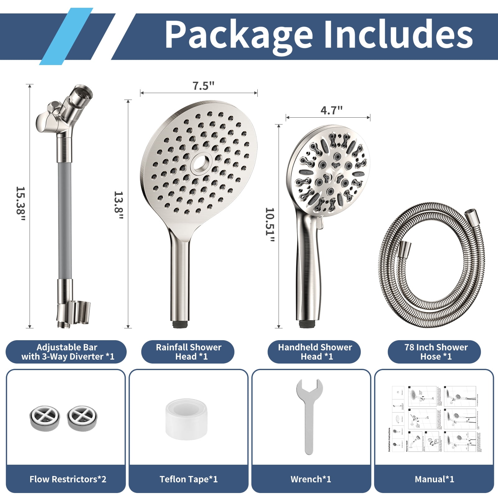 KAIYING Dual Shower Head with Handheld Spray, 9 Modes, Adjustable Angles, 79-Inch Hose, Brushed Nickel