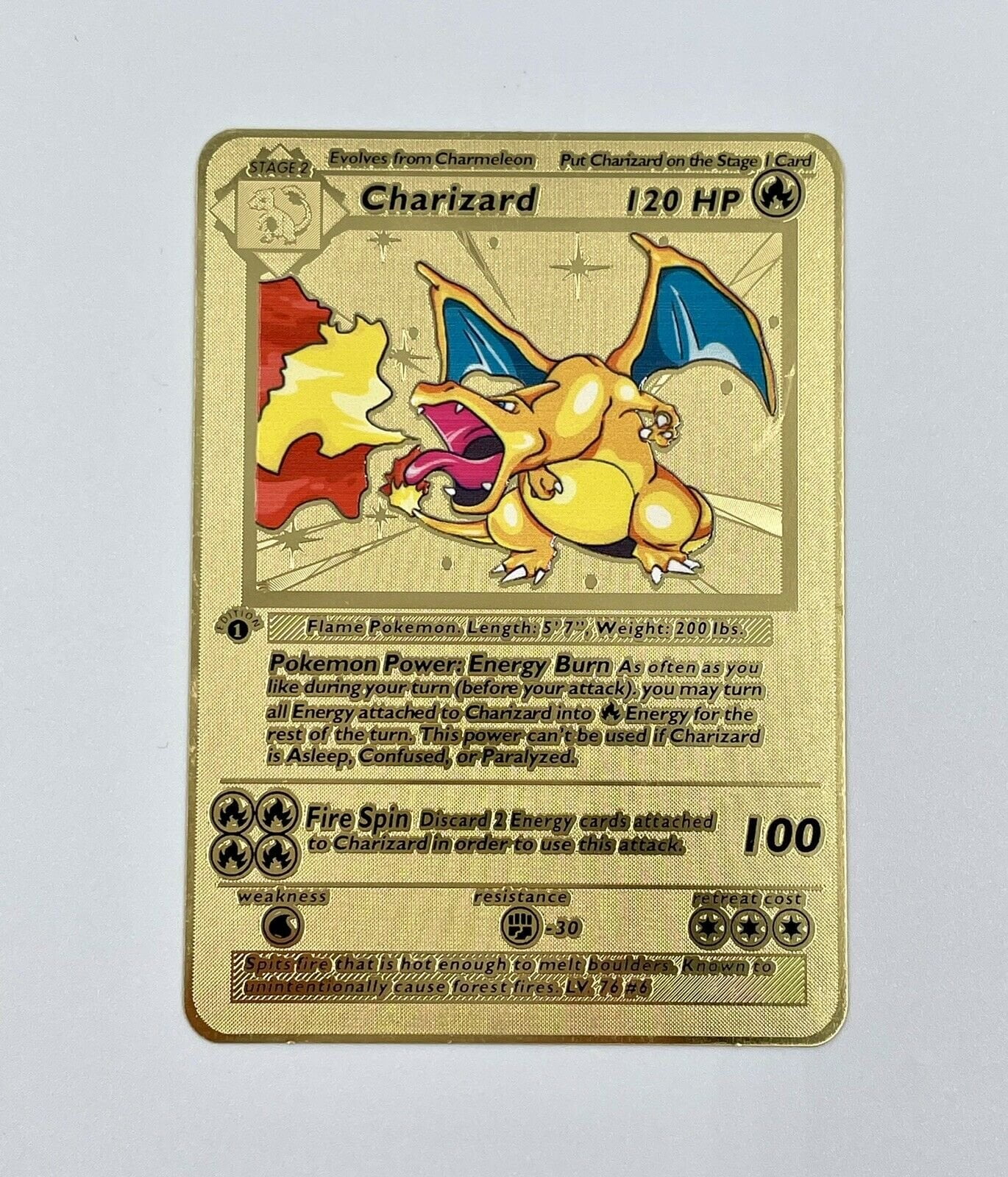 Pokemon 1st Edition Charizard 4/102 Shadowless Gold Metal Custom Card 