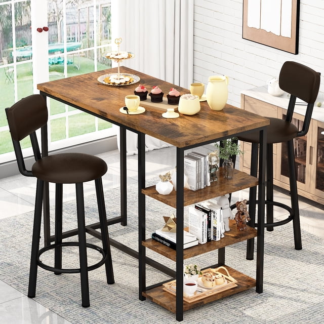 Stmoze Bar Table Set with Storage Shelves, 3 Pieces Counter Height Dining Table Set for 2, Bar Height Kicthen Table with 2 Bar Stools, Rectangle Pub Table Set for Small Space, Rustic Brown