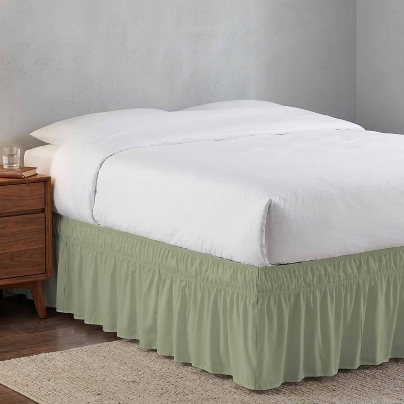 Bed Skirt Sage Green Adjustable Elastic Wrap-Around Dust Ruffle with Solid Color 16 Inch Drop, Bed Frame Cover for Queen Size Bed