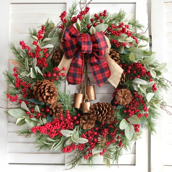 22" Green lamb's Leaves Wreaths for Front Door Winter Spring Wreath with Pine Cones Shells Satin Bow Bells,Artificial Wreath for Indoor Outdoor Farmhouse Home Porch Wall Window Festival Wedding Decor