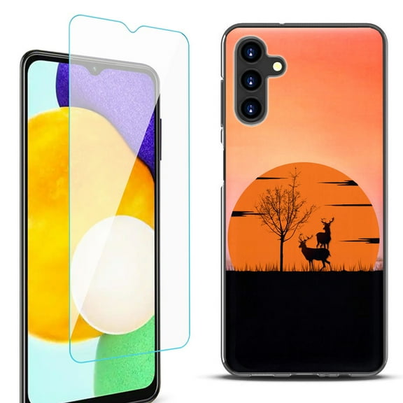 Slim-Fit Protective Fashion Phone Case (Black) for Samsung Galaxy A13 5G, with Tempered Glass Screen Protector, by OneToughShield ® - Sunset Deer