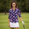 thumbnail image 4 of HUIACONG Watercolor Plumeria Floral Print Women's Golf Polo Shirts Quarter Zip Polyester Spandex Fabric with Versatile Ladies Golf Top 3/4 Sleeve for Womens, 4 of 10