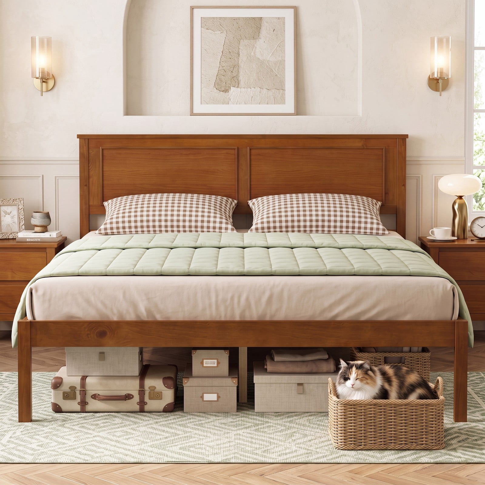 Furnibear Full Size Wood Platform Bed Frame with Paneled Headboard and Plywood Slat Support for Farmhouse Bedroom, Walnut