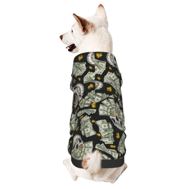 Fotbe Skull with Dollar Sudadera con Estampado para Perros Pequeños – Suéter con Capucha para Mascotas, Tela Suave de Forro Polar con Bolsillo-Large