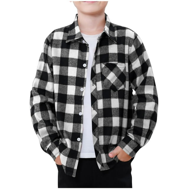Mgmyaa Boys Button Down Shirts Long Sleeve Collared Brushed Plaid Shirt with Pocket