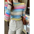 thumbnail image 6 of Sweet Rainbow Stripe Slim Fit Autumn Women's Sweater Basic Short Pullover Harajuku Knitted Sweater-Light Green-S, 6 of 7