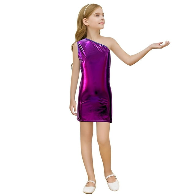 HXWCHs Robe de Fête pour Filles, Robe Scintillante à Paillettes pour Filles, Épaules Asymétriques, Col Rond, Robe de Fête pour Tout-Petits et Enfants, Violet, 7-8 Ans
