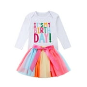 New Baby Girls Kids Long/Short Sleeve Birthday T-shirt+tutu Skirt Dress Outfit Birthday Clothes