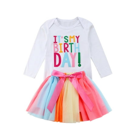 New Baby Girls Kids Long/Short Sleeve Birthday T-shirt+tutu Skirt Dress Outfit Birthday Clothes