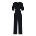 thumbnail image 5 of Gaecuw Womens Jumpsuits Casual Dressy Short Sleeve Puff Sleeve Overall V Neck Band Collar Solid Onesie One Piece Outfits Loose Baggy Long Pants Wide Leg Summer Romper Pull On Ankle Length Trousers, 5 of 7