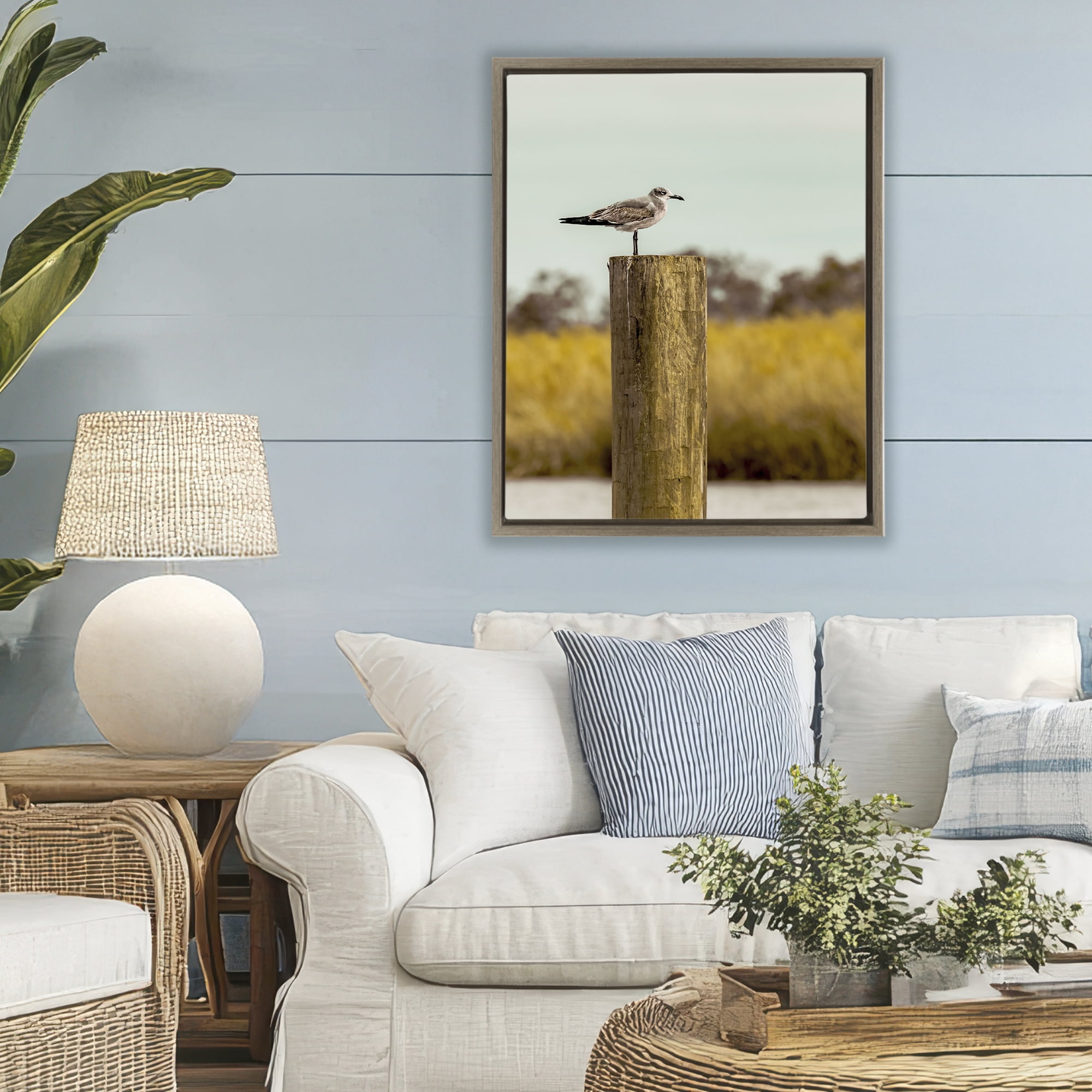 Stupell Industries Gull On Piling Brown Framed Floater Canvas Wall Art, design by Christy Berry