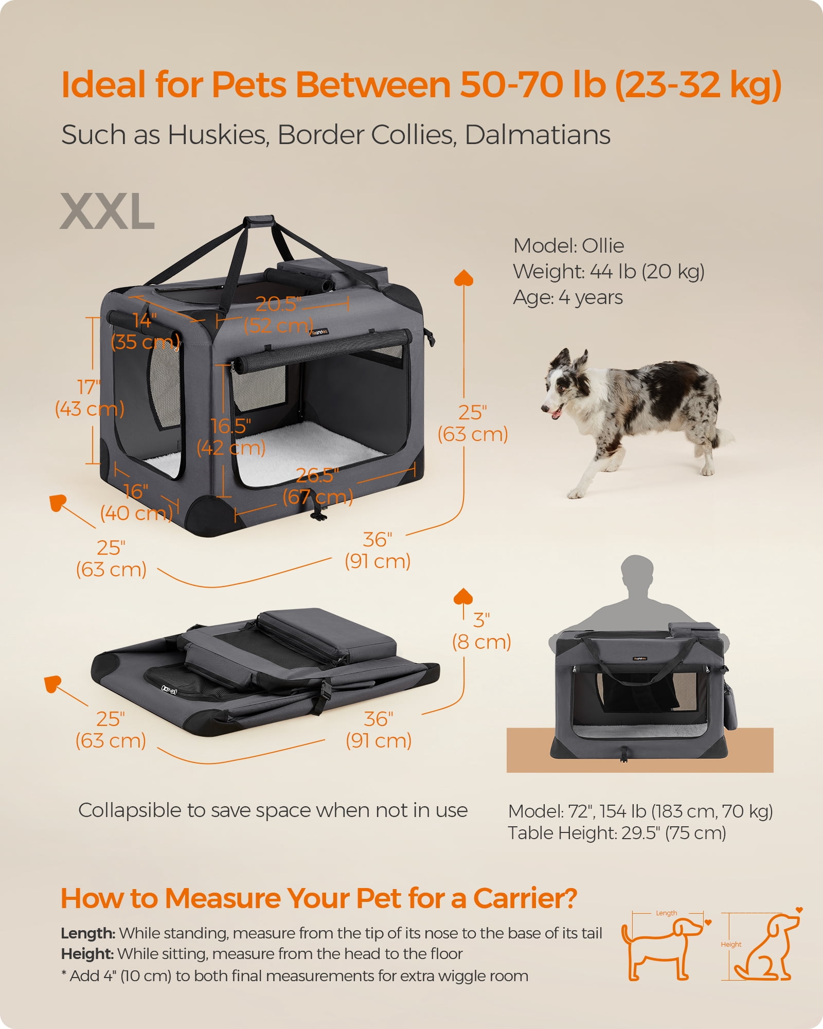 36 Inches Collapsible Soft Dog Crate, Portable Travel Dog Crate for Indoor and Outdoor Use, Dog Carrier Kennel with Safety Zippers, for Living Room, Car, Travelling, Gray