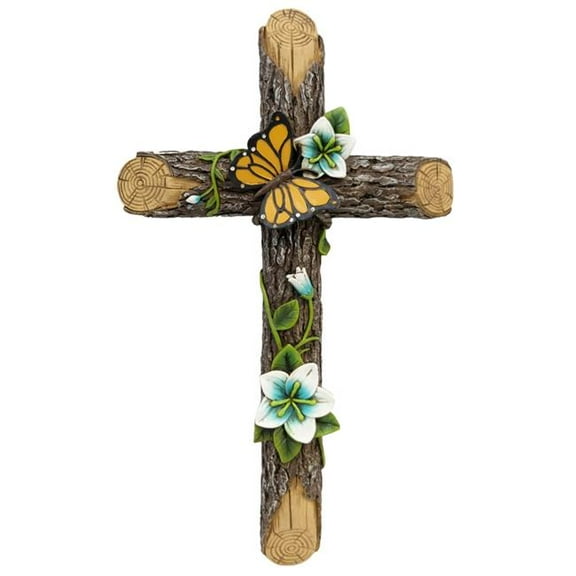 De Leon Collections 14476 Polyresin Butterfly on a Brown Branch Green & Blue Floral Accent Religious Hanging Wall Cross Dcor