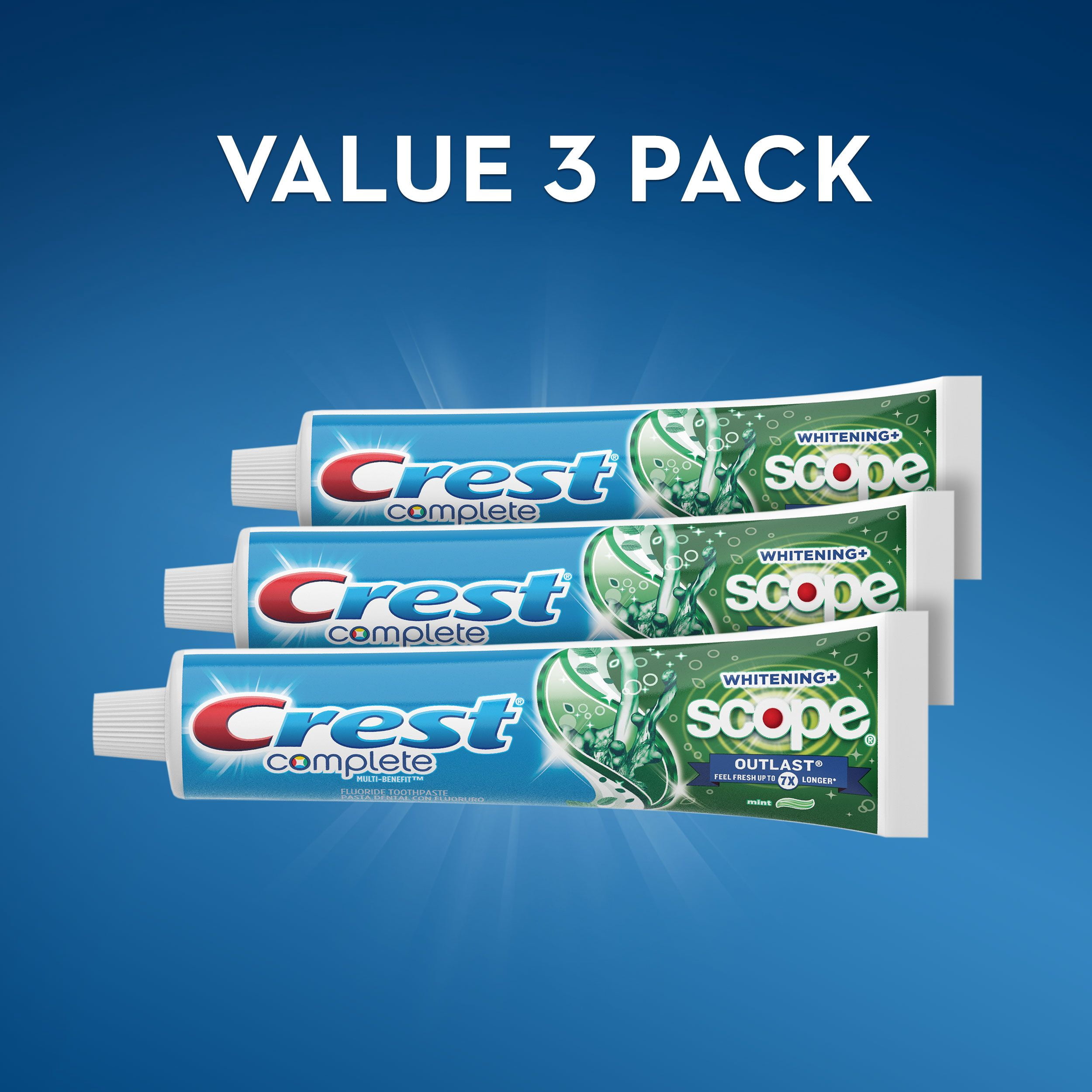 Crest Complete Whitening + Scope Outlast Toothpaste, Mint 5.8 oz, Pack of 3