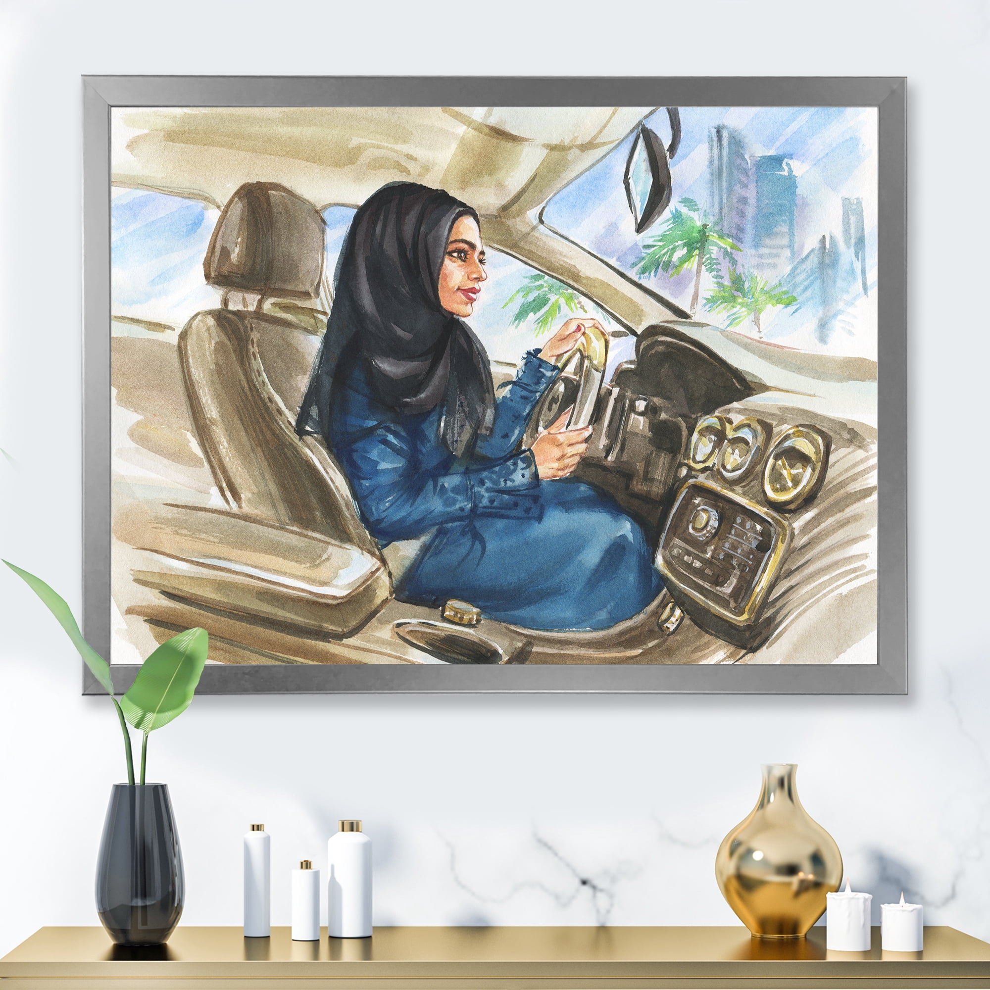 Designart 'Arabian Lady Driving A Car I' Modern Framed Art Print