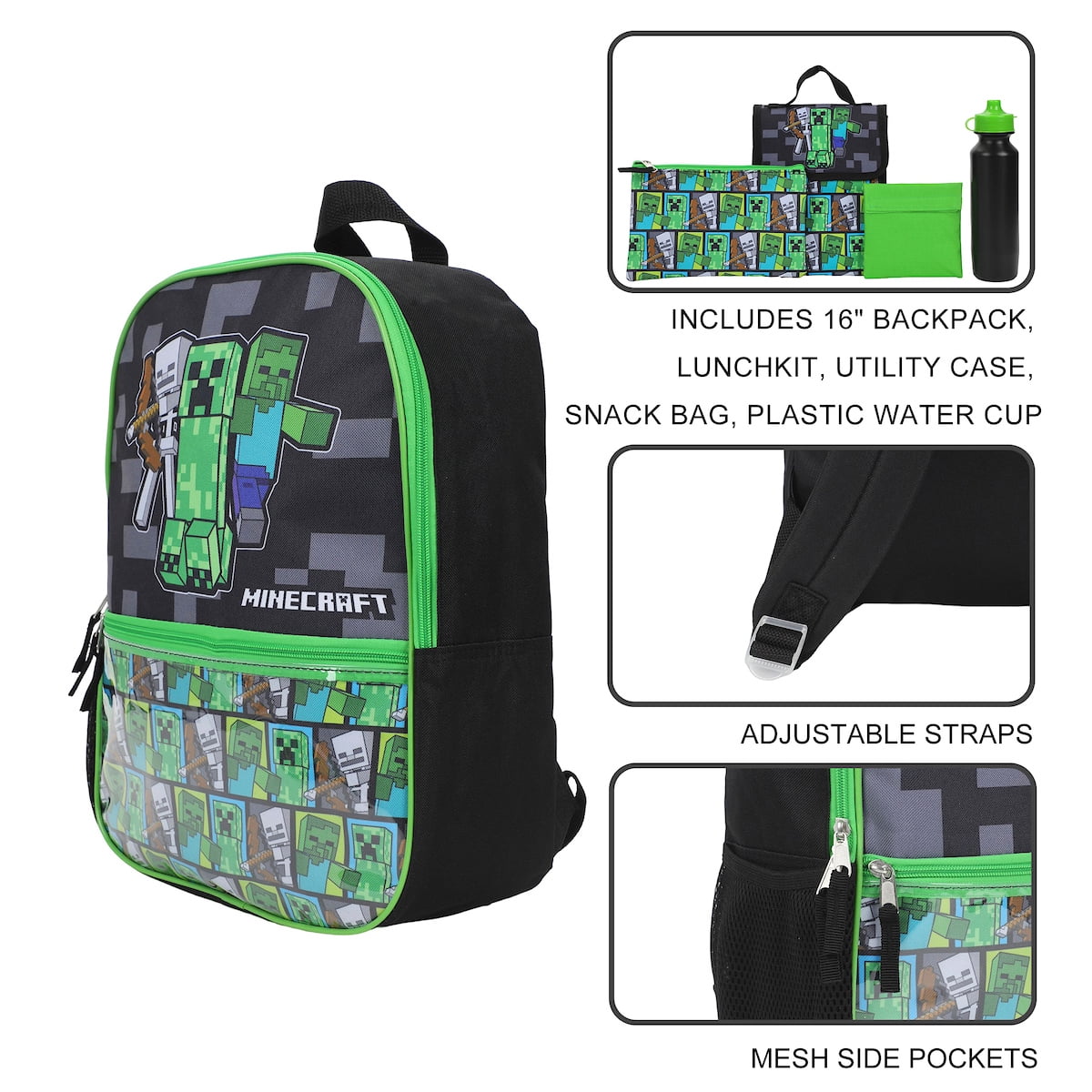 Minecraft Backpack Set with Lunch Box for Boys & Girls 16 inch 5 Piece Value Set