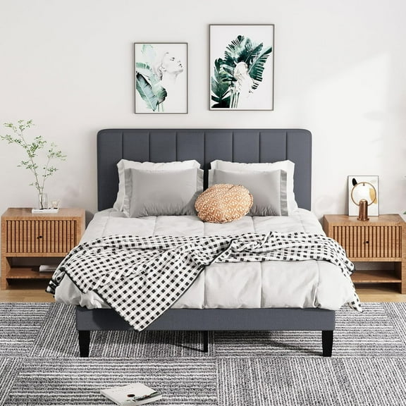 Full Bed Frame Platform with Adjustable Upholstered Headboard Mattress Foundation No Box Spring Needed Easy Assembly Noise-Free, Dark Grey