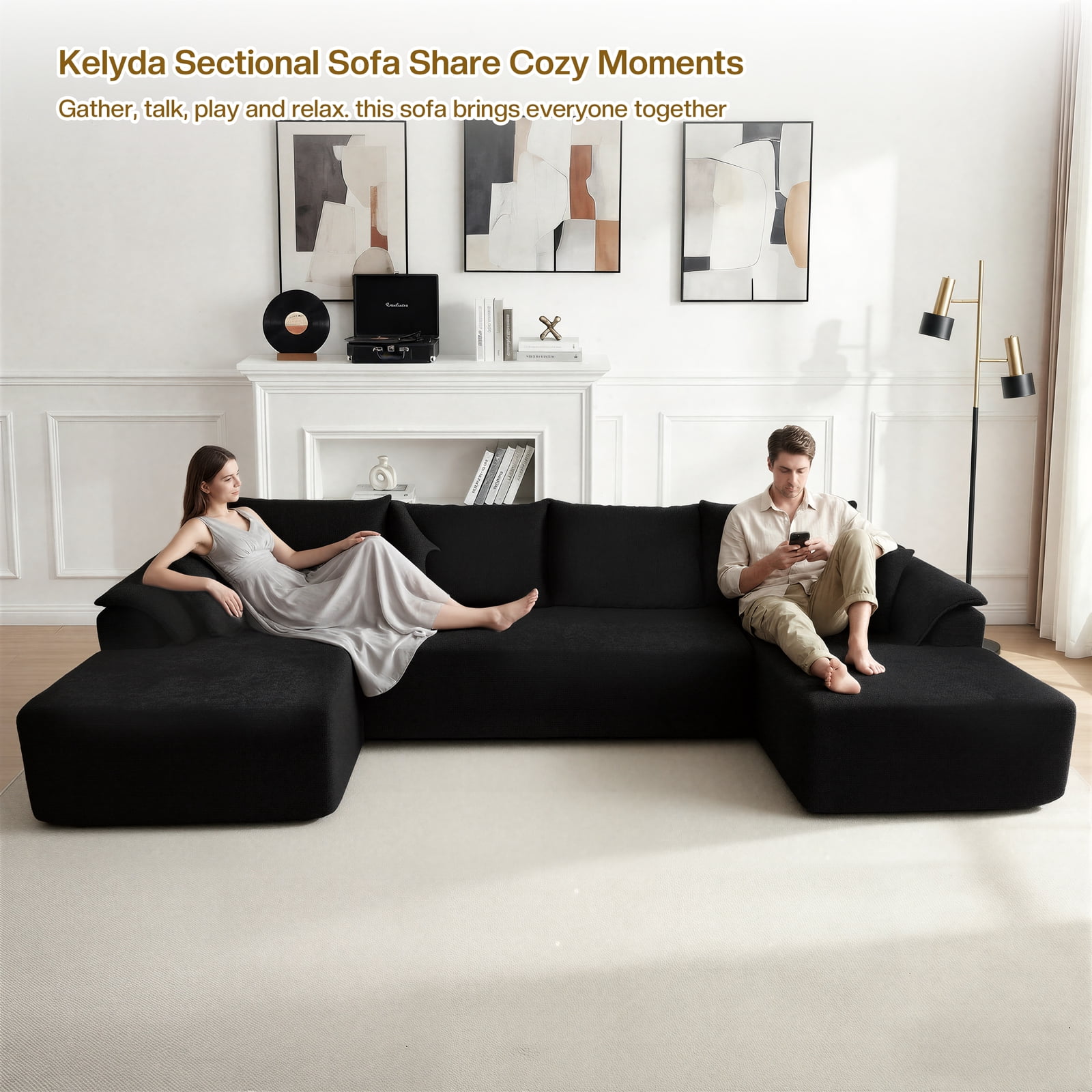 Kelyda 130'' Boneless Sectional Couch, Modern Chenille U Shaped Modular Cloud for Living Room Black