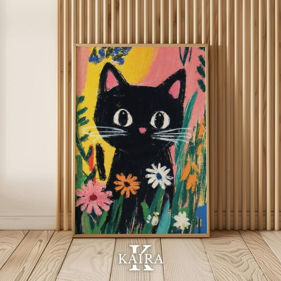 Luvia Black Cat Flower Poster, Charming Whimsical Kitten Wall Art, 8x12 UNFRAMED