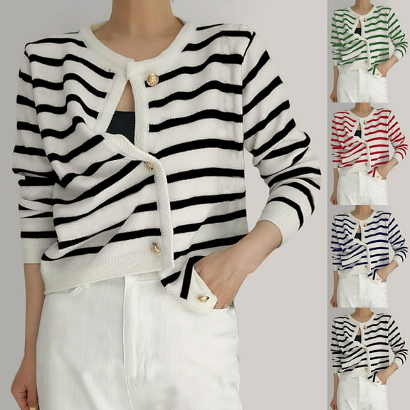 Drindf Striped Knit Cardigan Sweaters for Women Trendy Button Down Cardigans Casual Long Sleeve Cropped Sweater Coats Elegant Casual Knitwear