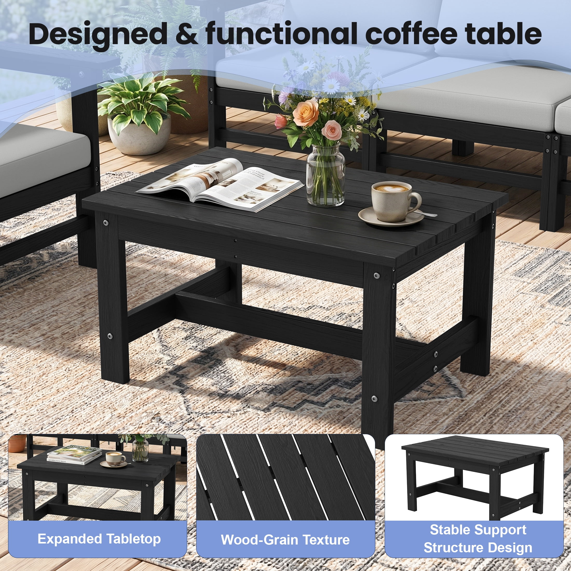 UDPATIO HDPE Patio Conversation Set, 6-Piece Sectional Outdoor Furniture Set, All-Weather Outdoor Couch Set for Deck, Lawn, Black Frame with Grey Cushion