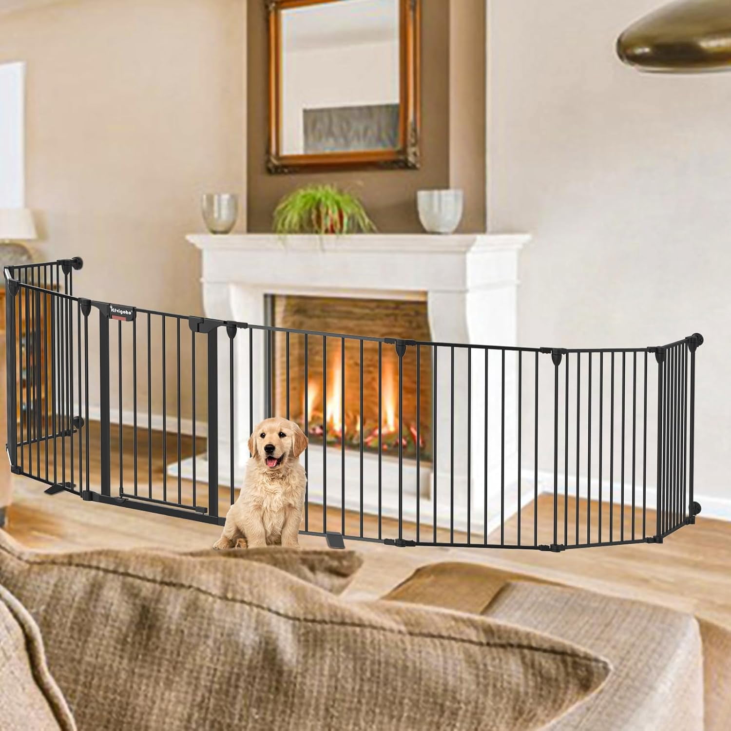 Kfvigoho Dog Gate 35"-199" Extra-Wide Gate for Stairs, Freestanding wire pet door, fireplace dual-locking system with automatic door closing feature, collapsible 6 steel panels (Black, 8 panels)