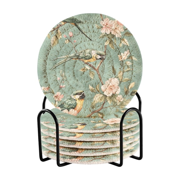 Birds and Flowers Drink Coasters with Holder Absorbent Coaster for Coffee Table Room Decor 6 Pack