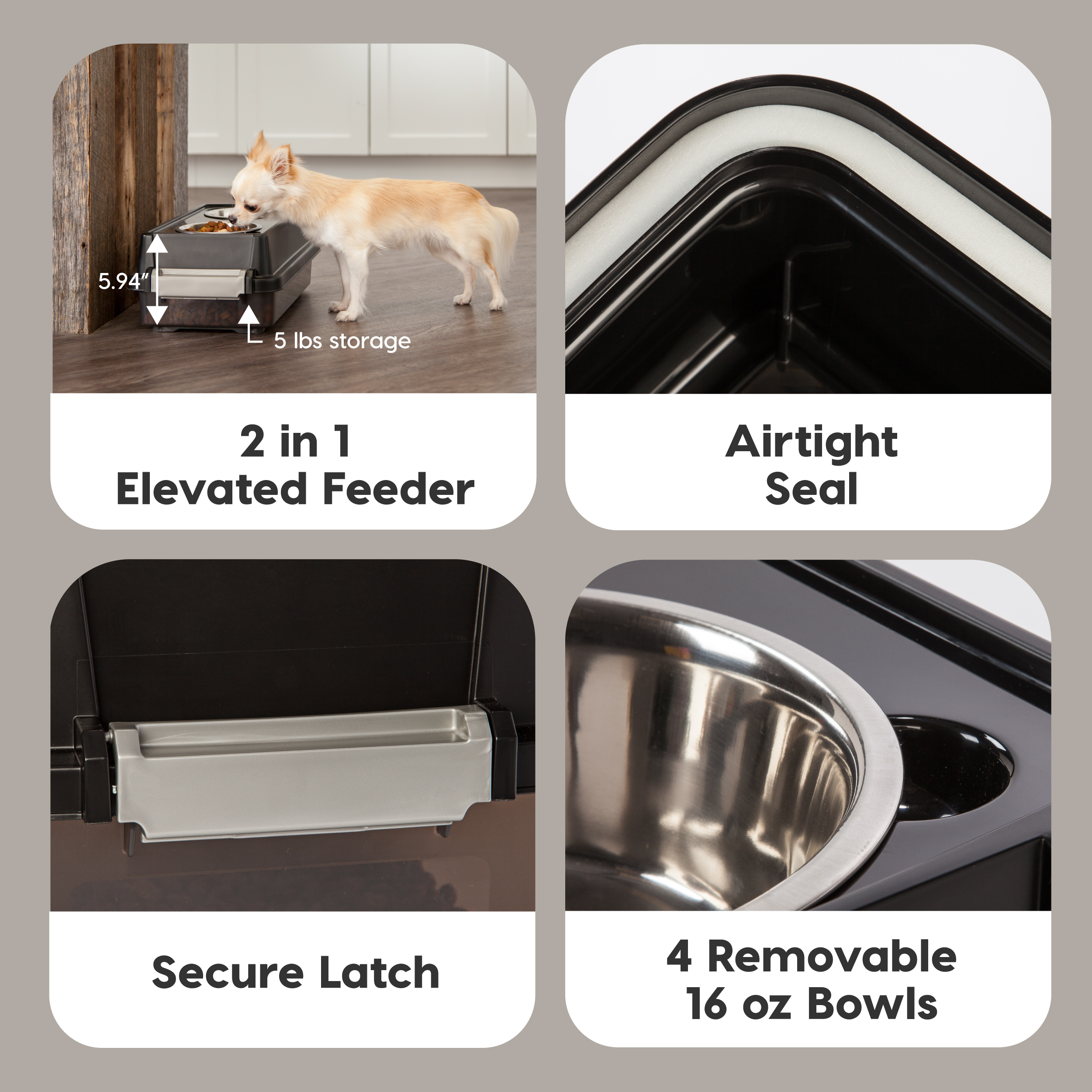 IRIS USA 2-in-1 Elevated Dog Bowls 6" H with Airtight Pet Food Storage Container 5 Lbs, Smoke/Black