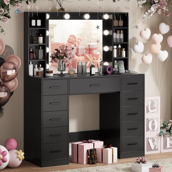 Vanity Desk with Mirror and Lights, 43" Large Black Makeup Vanity with 11 Drawers & 8 Shelves, Power Outlet & Adjustable LED Lights, Dressing Table for Women & Girls Bedroom