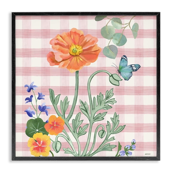 Stupell Industries Farmhouse Gingham Garden Poppy Black Framed Giclee Art, 12 x 12, by Levison Design
